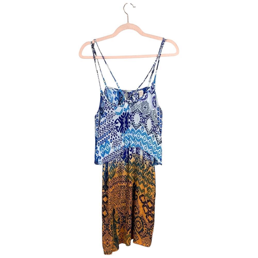 RAGA Blue Yellow Tank Mini Dress Beachy Boho Summer Size Medium Tribal